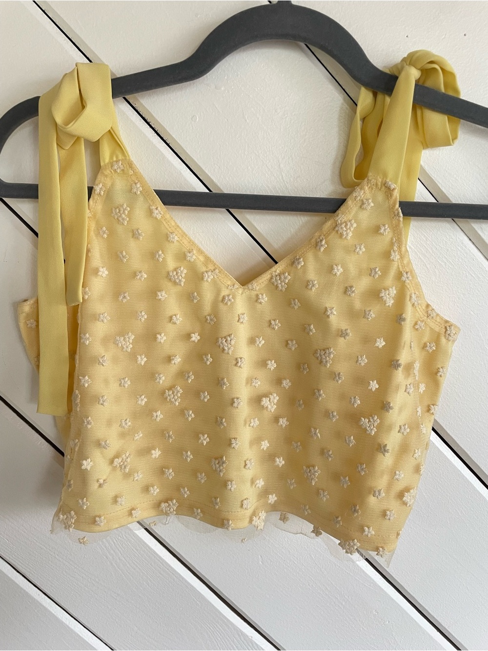 Francesca's Collections Yellow Tie-Shoulder Floral Lace Crop Tank